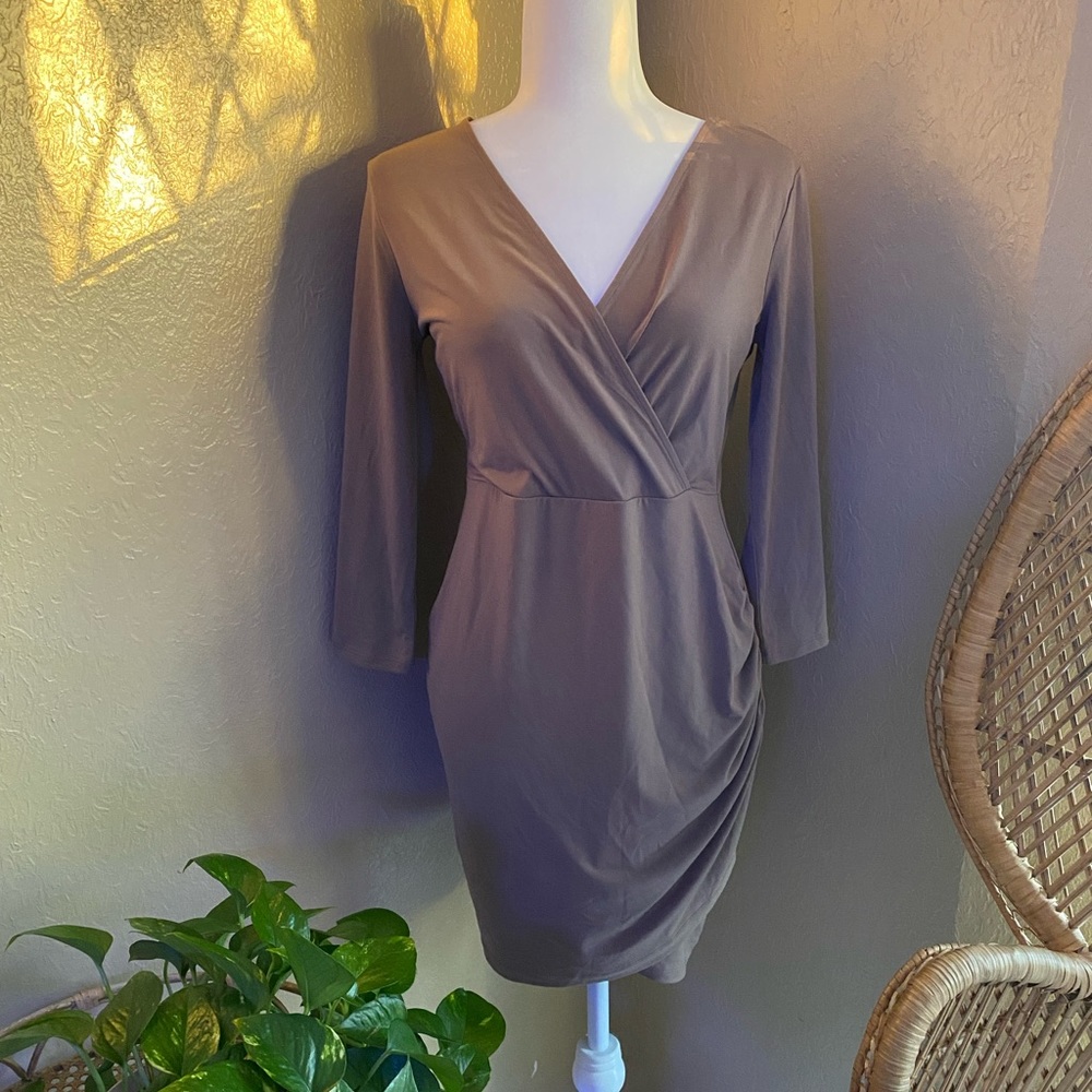 TAN FAUX WRAP DRESS